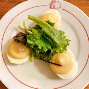 Eggs with mayonnaise at Polidor, historic restaurant in Paris